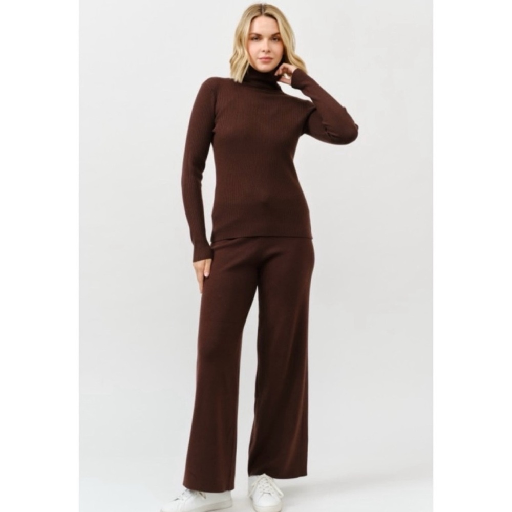 Viscose Blend Brown Rib Knit Turtleneck & Tie-Waist Wide Leg Pants Sz SM NWT!